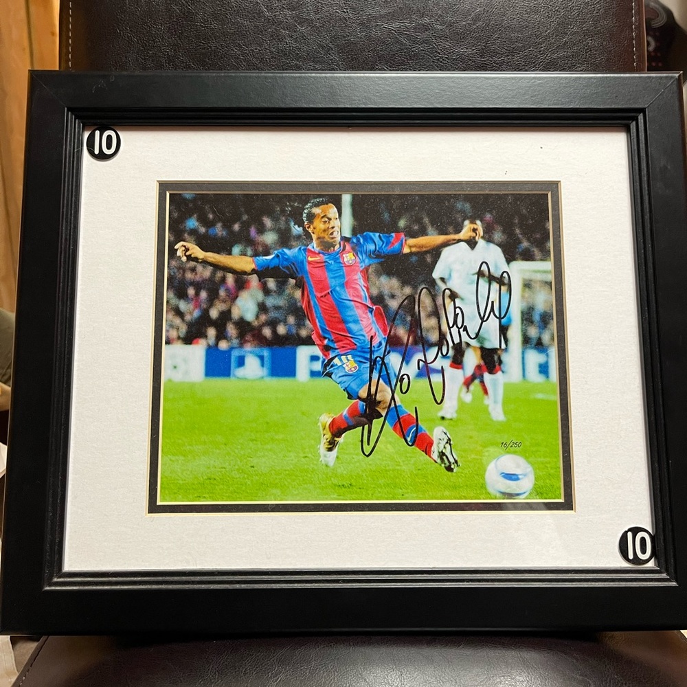 Ronaldinho Framed Autographed Photo w/ Certificate of Authenticity